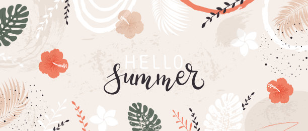 横幅与树叶和字母你好，夏天图片下载