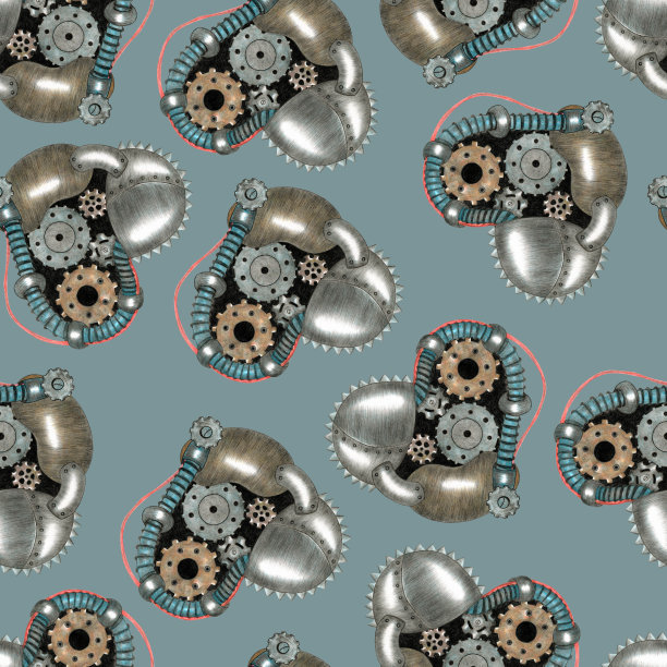 在Grunge背景上手绘蒸汽朋克齿轮传动元件数码纸。图片下载