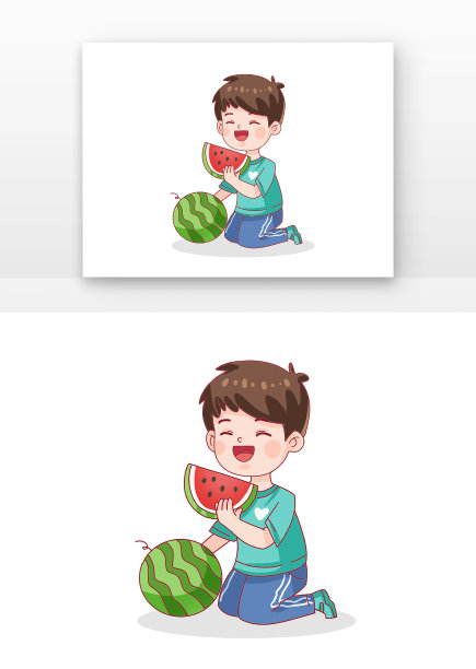 绿色卡通夏天男孩吃西瓜图片下载