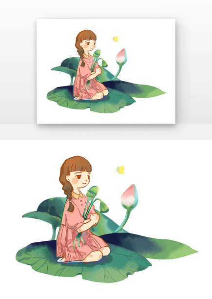 夏季荷叶荷花小孩元素图片下载