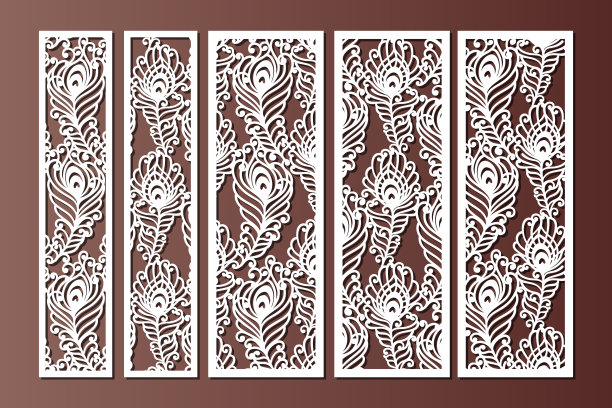 激光切割孔雀羽毛图案装饰面板模板。剪纸装饰边框书签模板。橱柜细纹屏风，雕花栅栏。金属设计，木雕，矢量。图片下载