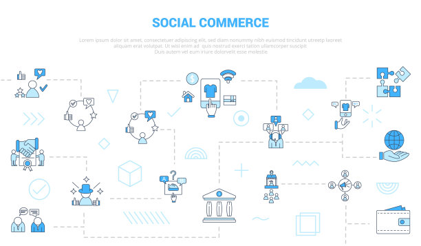 社交商务概念与图标设置模板横幅与现代蓝色的颜色风格图片下载