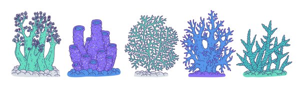 设置蓝色珊瑚不同的形式。矢量珊瑚礁海洋动物水下生活涂鸦线孤立插图。图片下载