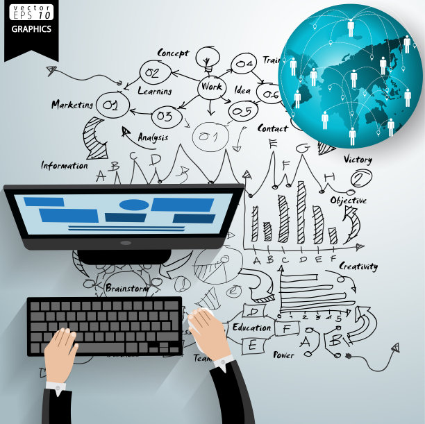 插画商业。设计现代理念和概念思考创意。为头脑风暴，社交网络，成功，计划，思考，搜索，分析，沟通，未来的想法创新技术。图片下载