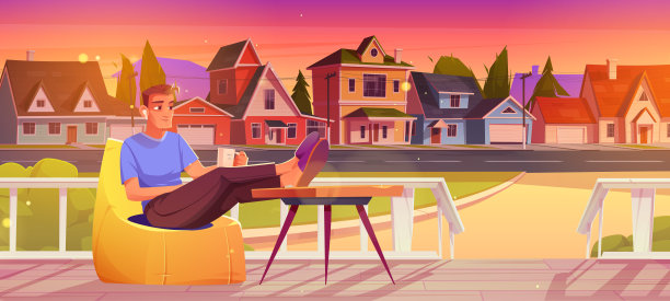 城郊街道，一名男子在木屋门廊上休息图片下载