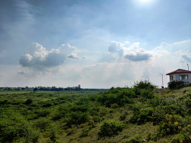 白色油漆办公室的库存照片与红色油漆金字塔形屋顶附近的疫霉水坝。办公室旁边美丽的农田成熟的作物和植物，周围绿树环绕图片下载