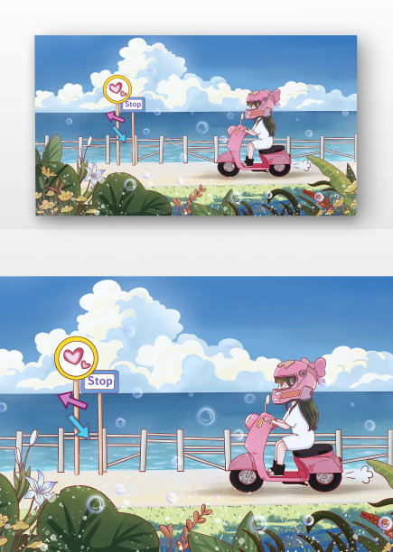 坐摩托海边马路跑远景插画图片下载