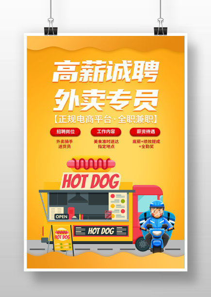 黄色卡通外卖送餐员招聘海报图片下载