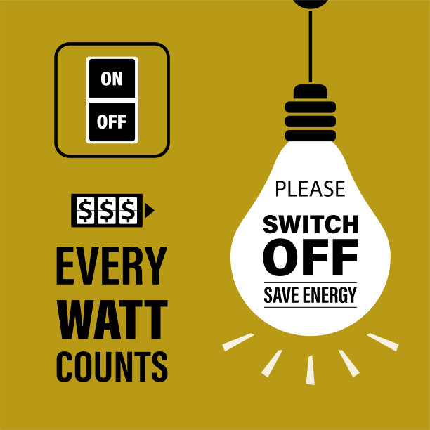 请关掉电源，节约能源，励志横幅。每瓦特数。用美元标志的柜台。发光的灯泡。打开黄色墙壁。图片下载