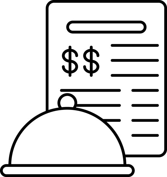 盘子盖发票矢量线图标设计，零售食品配送服务符号，触摸少餐快递标志，杂货店皮卡股票插图，支付您的午餐账单概念，图片下载