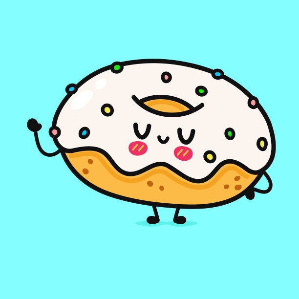 可爱有趣的甜甜圈挥手。矢量手绘卡通卡哇伊人物插图图标。孤立在白色背景。甜甜圈的角色概念图片下载