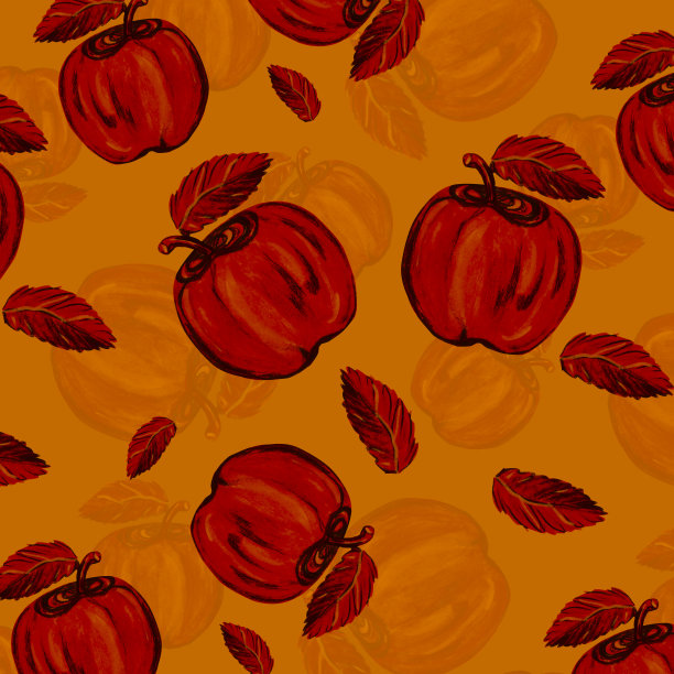 水彩图案红苹果在橙色背景为您无缝设计，手绘插图图片下载