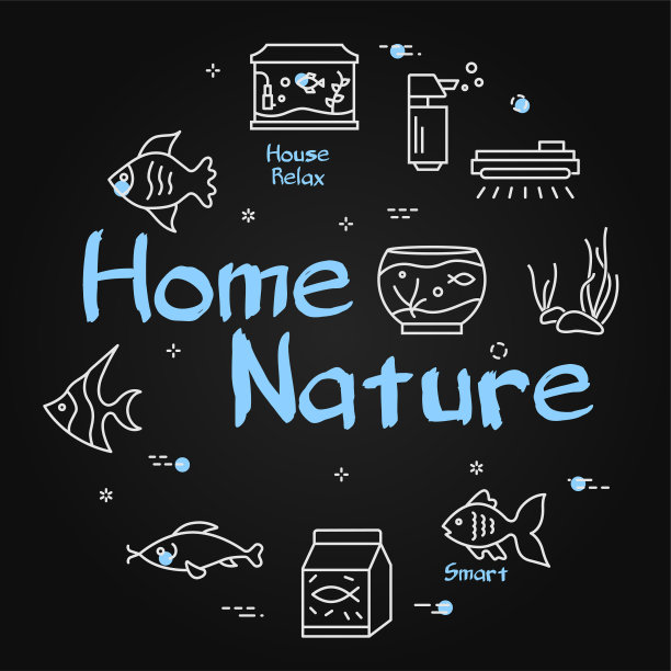 水族馆圆形矢量设计。线条艺术图标设置鱼，水族馆，植物。黑色背景的线性宠物店设计图片下载