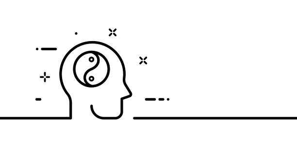 头部阴阳线图标。思考，思考，大脑，善与恶，黑，白，对立。哲学概念。一行的风格。矢量线图标的业务和广告图片下载