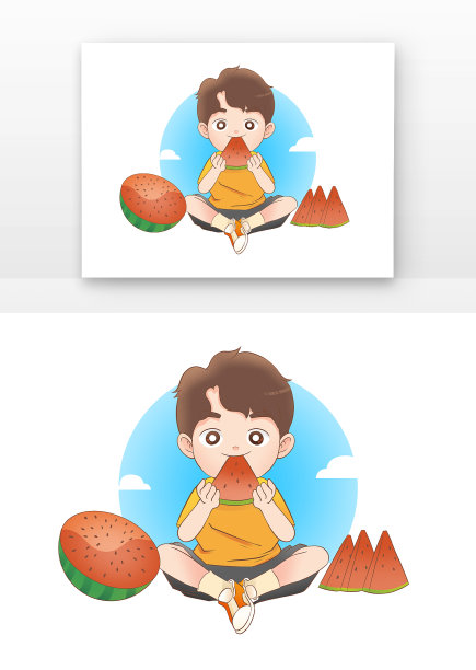 夏天儿童吃西瓜图片下载