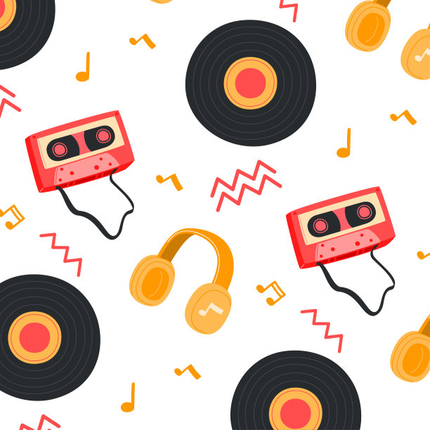 采购产品卡带，黑胶唱片，耳机，复古音乐设备，矢量，插图图片下载