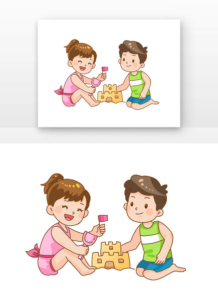 男女孩子沙滩上玩堆沙图片下载