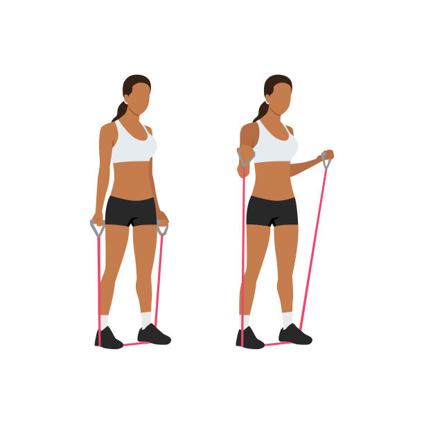 女子做阻力带二头肌弯曲练习图片下载