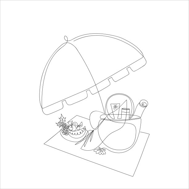 女人的沙滩包，防晒霜，帽子和水果盘在垫子上的沙滩伞下。夏天的草图。连续线条绘画艺术。矢量插图在涂鸦风格。图片下载