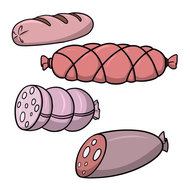 一组图片，美味的粉色煮香肠配培根片，矢量卡通插图图片下载