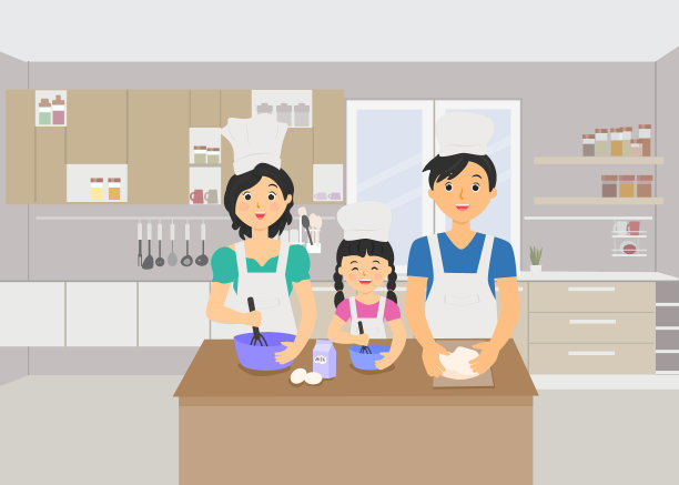 父母正在厨房里教他们的孩子做糖果。图片下载