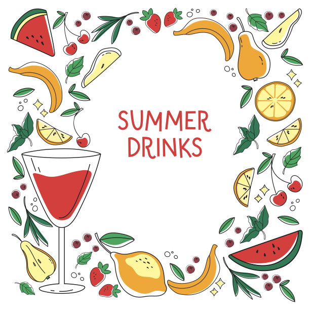 手绘夏季插图。与鸡尾酒和各种元素构成的鸡尾酒框架。时髦的邀请设计，酒吧菜单的酒精饮料，鸡尾酒卡和新鲜果汁。图片下载