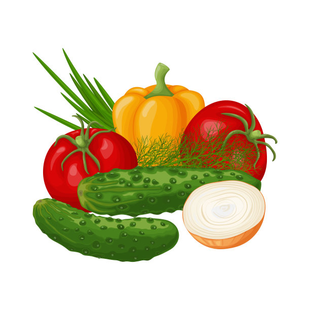 蔬菜。图片中有成熟的蔬菜，如黄瓜、西红柿、甜椒、洋葱和莳萝。菜园里的有机产品。维生素产品。矢量插图。图片下载