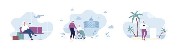 老年人旅游理念。矢量平面人物插图集。一对年长的男性和女性，背景各异。机场的候机区。城市博物馆。海滩与棕榈树和酒店建筑。图片下载