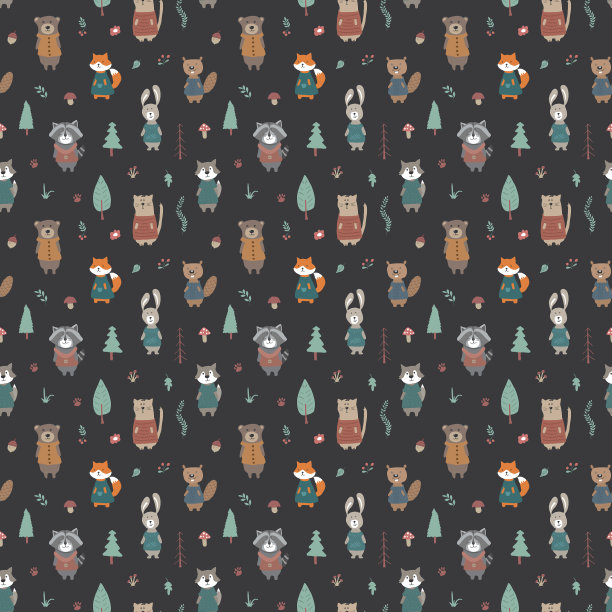 可爱的动物无缝图案卡通动物图片下载