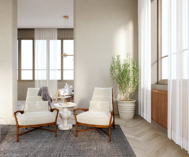 3d渲染，3d插图，室内场景和模型，两个白色角落扶手椅，木腿和白色石头边桌背面的编织图案，深灰色地毯。图片下载