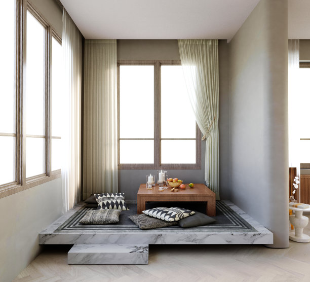 3d渲染，3d插图，室内场景和模型，生活角落，深色木材中心桌，灰色地毯，波西米亚图案靠垫，大理石台阶区。图片下载