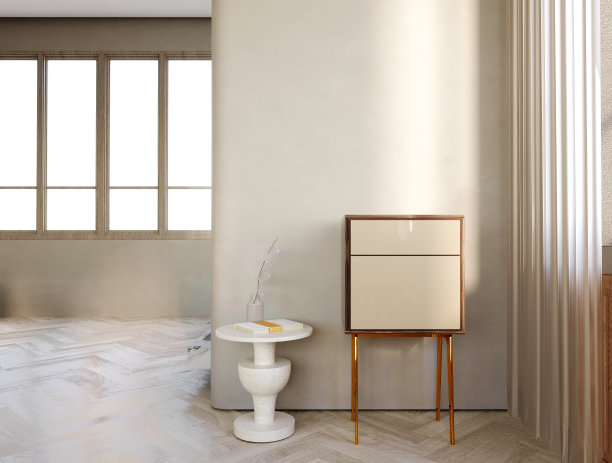 3d渲染，3d插图，室内场景和模型，高大的储物柜，木纹的身体和腿，米色的门和白色的石头边桌。图片下载