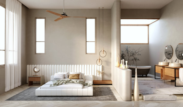 3d渲染，3d插图，室内场景和模型，现代风格的卧室，白色皮革软垫床，白色皮革靠背，木制床头柜两个床头板照明。图片下载