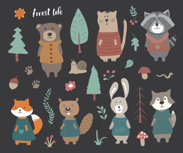 可爱的动物在衣服卡通森林野生动物图片下载