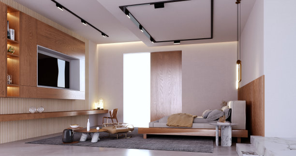 3d渲染，3d插画，室内场景和模型，现代风格的酒店卧室，床的末端装饰着桃花心木的颜色，装饰着一个电视架和一个长嵌入式书桌。图片下载