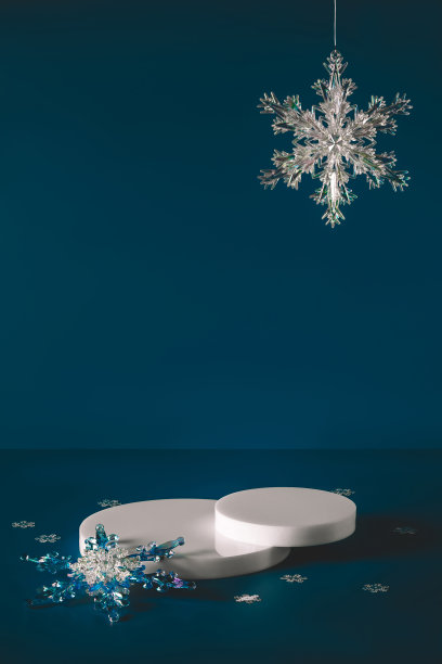 白色的领奖台和蓝色背景的圣诞雪花图片下载