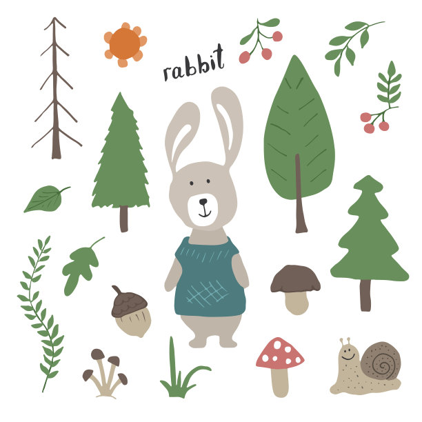 森林里可爱的兔子，森林里卡通动物图片下载