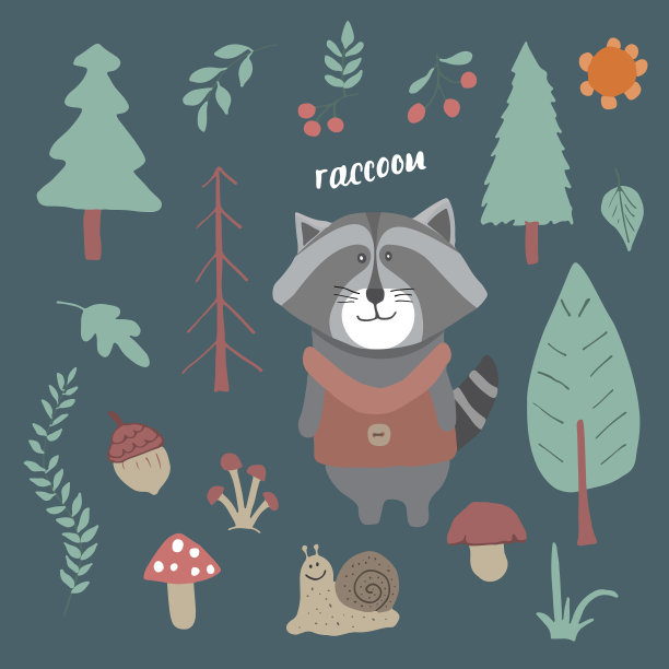 可爱的浣熊在森林卡通动物在林地图片下载