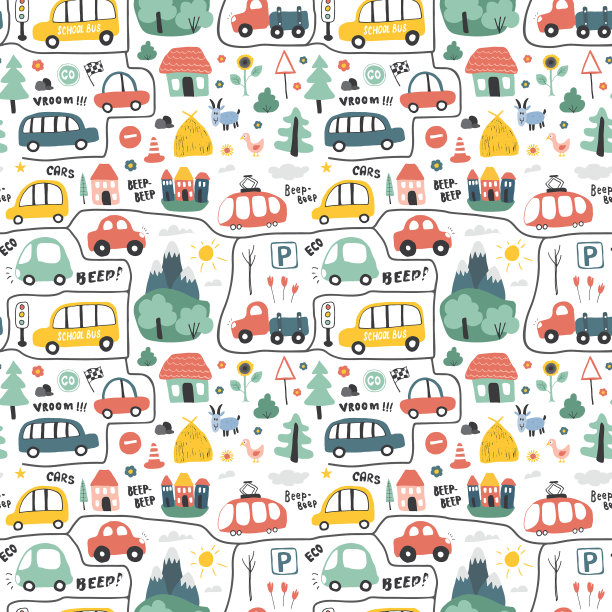 可爱的汽车无缝图案卡通交通图片下载