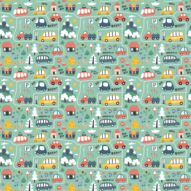 可爱的汽车无缝图案卡通交通图片下载