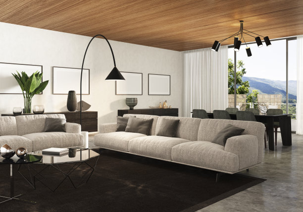 宽敞的客厅，浅色的大沙发，图片下载