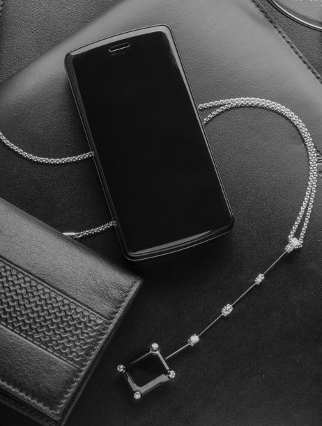 女性豪华商务配饰。静物写真，里面有日记、钱包、眼镜、手表、珠宝，还有一部空白屏幕的手机，上面有文字和文字图片下载