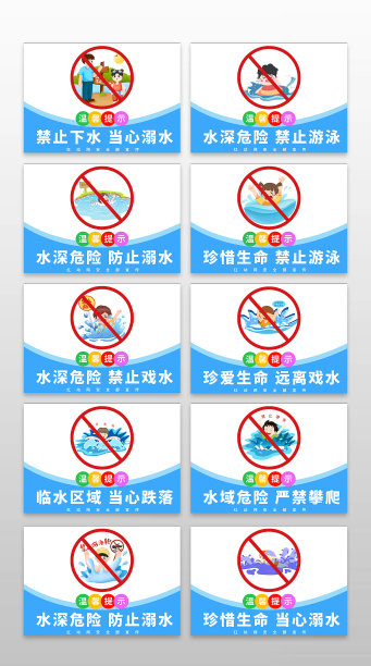 蓝色简约风水深危险标识套组图片下载