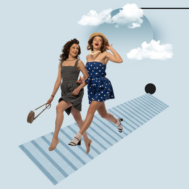 当代艺术ollage。创造多彩的设计与两个时尚美丽的女孩在他们的聚会上孤立的蓝色背景图片下载