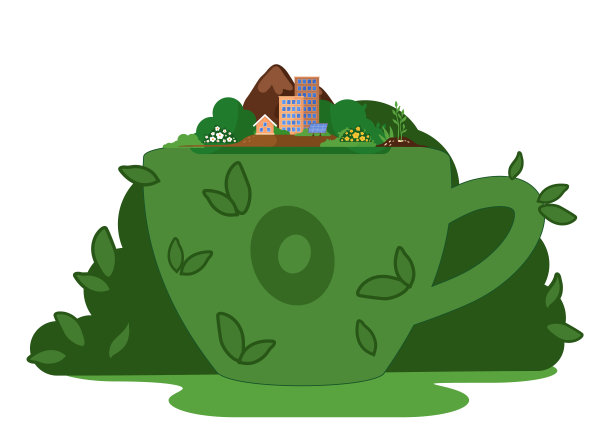 庭园人像一杯杯，灌木雕塑绿色的房子，树木和花丛上面图片下载