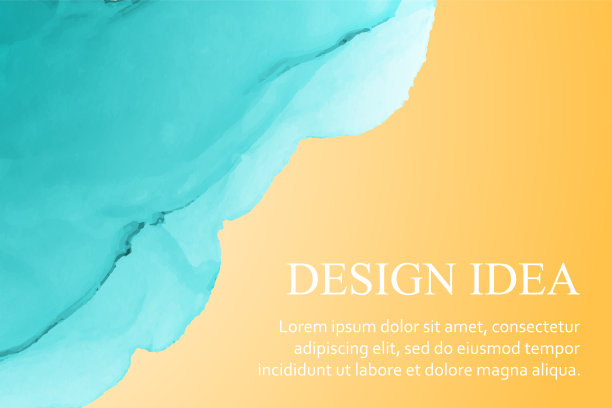 大海和海滩。夏季水彩背景与抽象蓝绿色墨水波在黄色。图片下载