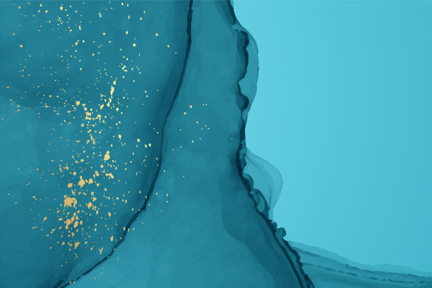 水彩背景与抽象的蓝绿色墨水波和金色的飞溅。图片下载