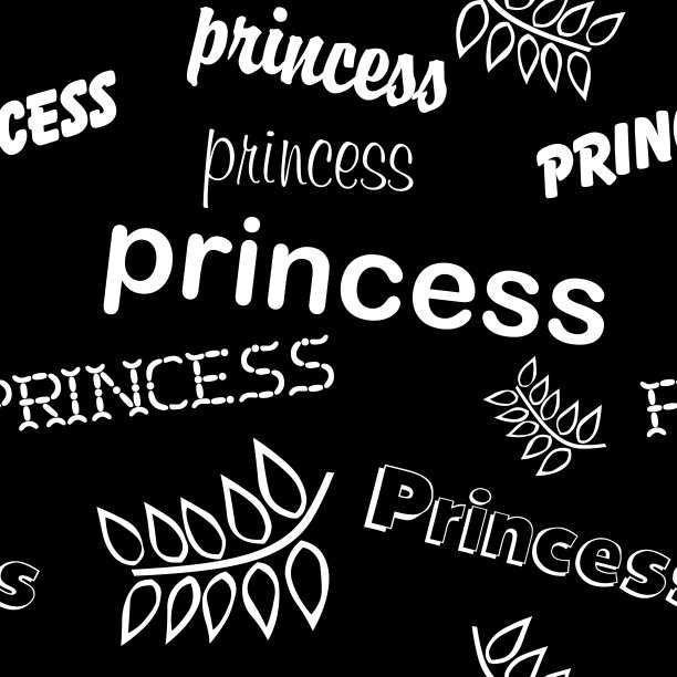无缝涂鸦风格的公主铭文矢量图案。孤立在黑色背景上。纹理印刷，纺织品，t恤，织物，墙纸，明信片，海报，家居装饰，包装图片下载