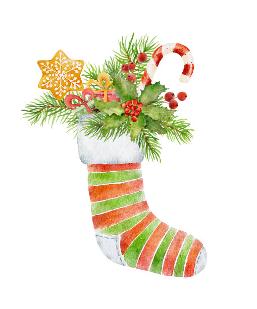 水彩圣诞彩色袜子与礼物孤立在白色背景。素材图片