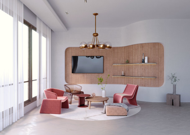 3d渲染，3d插图，室内场景和框架模型，客厅墙曲线墙装饰木架子可以挂电视扶手椅红色。图片下载